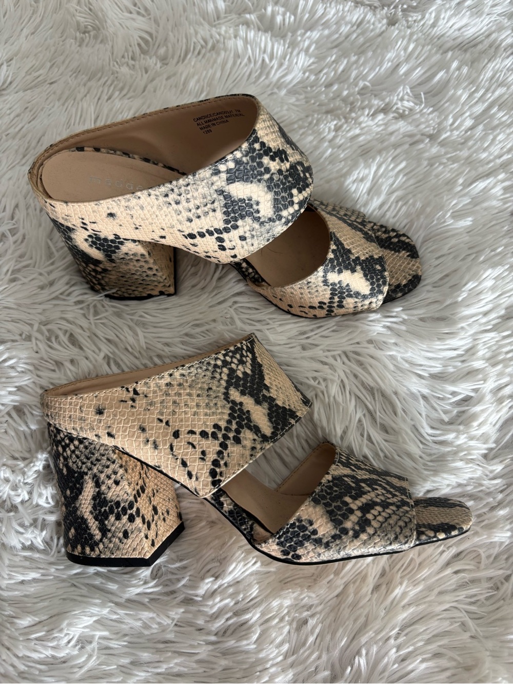 Madden Girl Snake-Print Block Heel Mules in Beige and Black